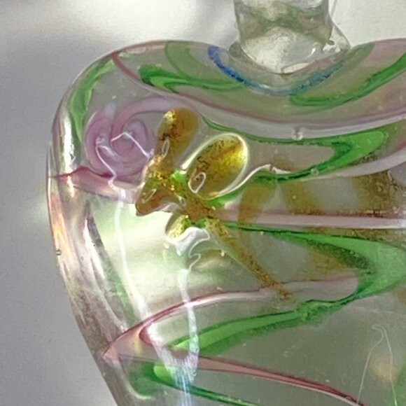 Artisan Hand Blown Glass Swirl Stripe Green Pink HEART Rose Pendant - Picture 3 of 6